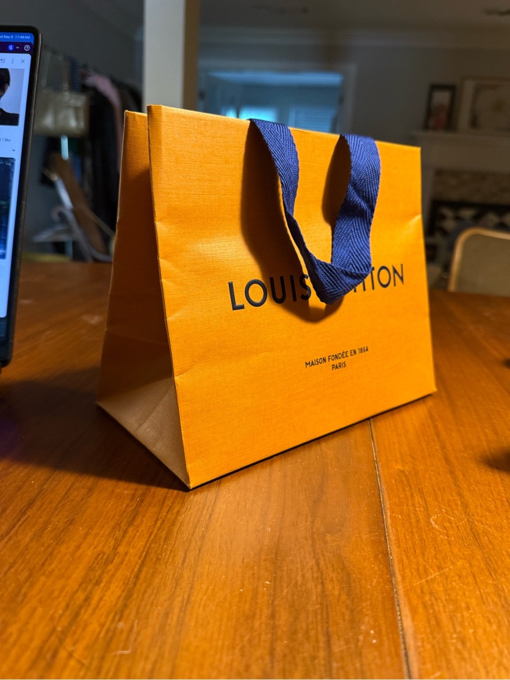 Louis Vuitton Orange Gift Bag with Navy Ribbon Handles